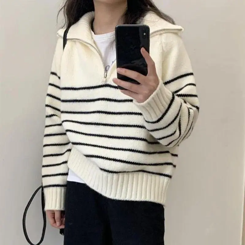 Polo Collared Striped Sweater Women Pullover Knitted Half Zip Jumper Autumn Winter Female Comfy Knitwear Casual Suéter Ligero