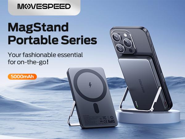 MOVE SPEED Qi2 Certified Magnetic Power Bank Kickstand, 5000mAh(0.3inch)/10000mAh(0.5inch) Ultra Slim MagSafe Portable Charger 15W Ultra-Fast Charging Portable Charger, 30W USB-C MagSlim Charger with Cable for iPhone 17, Travel Essential