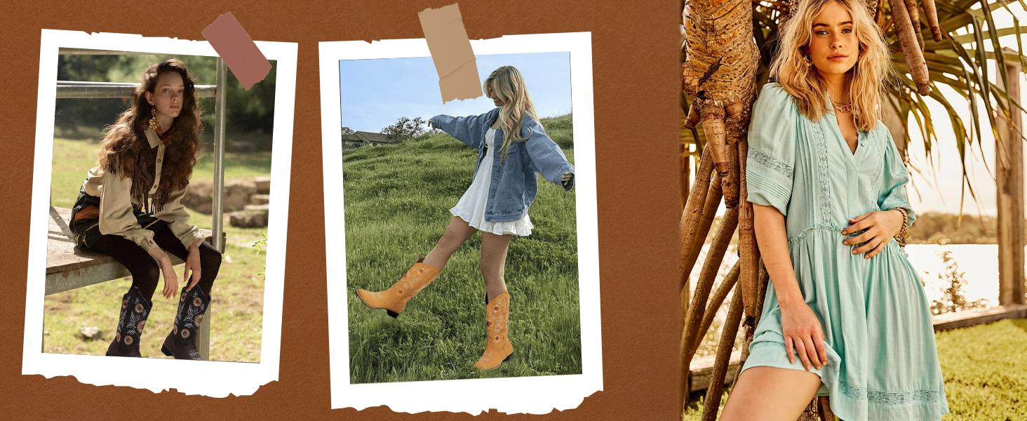 Gloryinterest Western Cowgirl Boots for Women Sunflower Embroidery Square Toe Low Heel US3-11.5 Comfortable Stylish Durable All Season Fashion for Country Music Festivals Rodeos Retro Theme Party Festival Celebrations Daily Wear