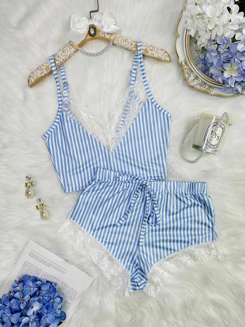 Women's Stripe Print Sexy Lace Trim Pajama Set V Neck Backless Crop Cami Top & Mini Shorts Loungewear & Sleepwear Fit Pants