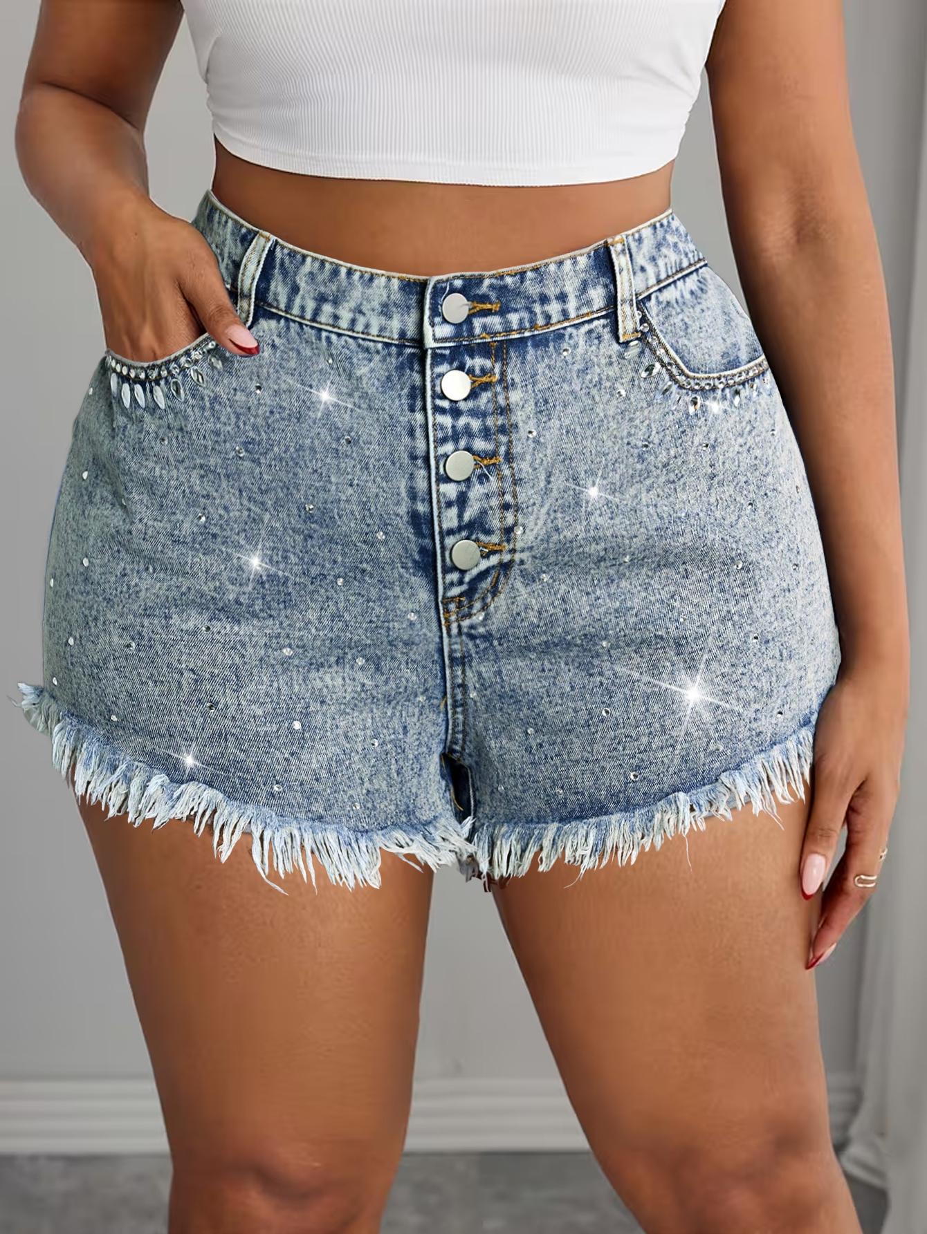Plus Size Women's Rhinestone Embellished Washed Denim Shorts, Faux Fur Hem Design, Trendy Casual Wear for All Seasons