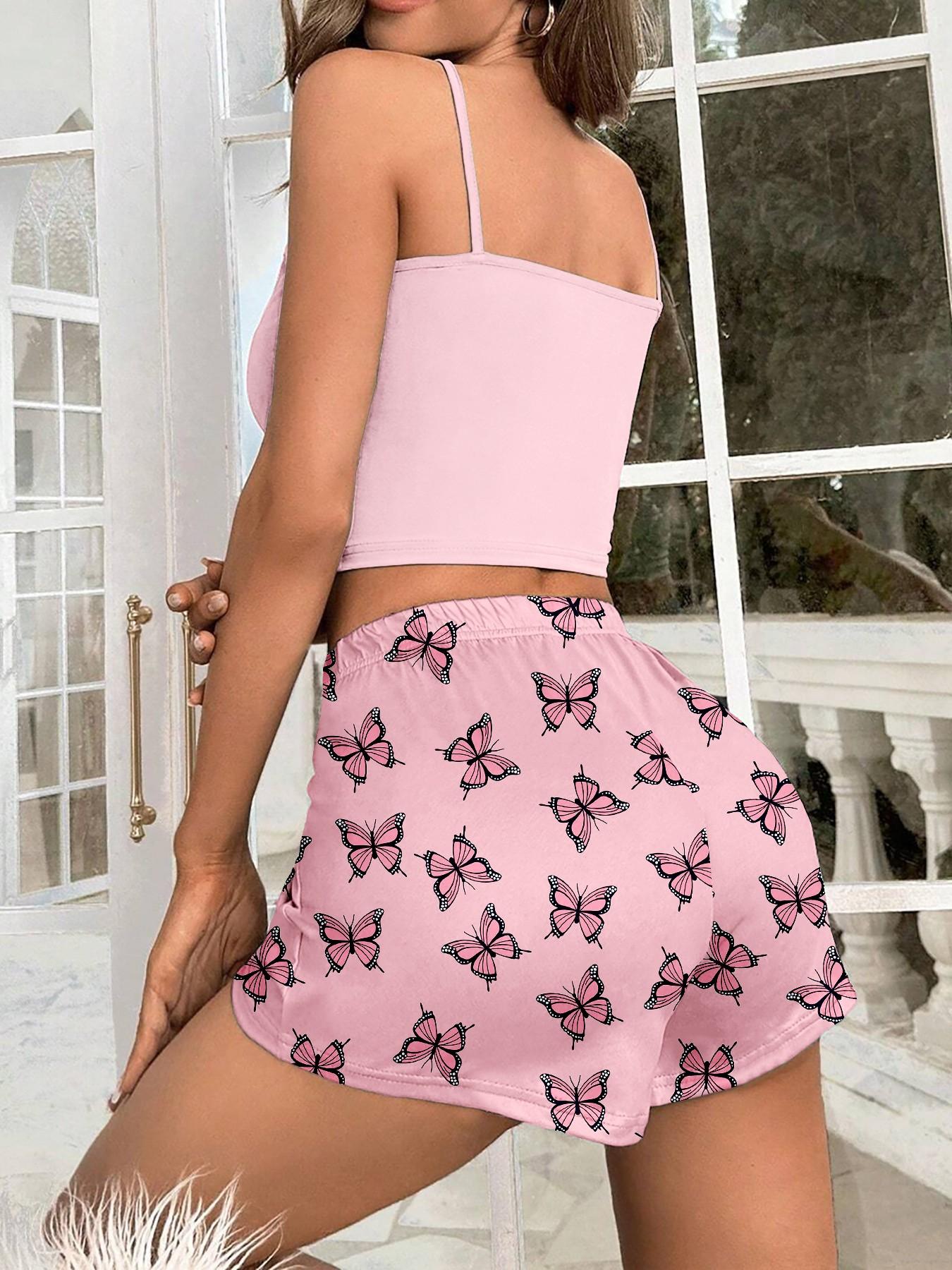 Summer & Spring Limited Edition Women's Sleepwear Set, Sexy Halter Top, Butterfly Print Shorts, Elegant Comfortable, Wear-Outside Pajamas