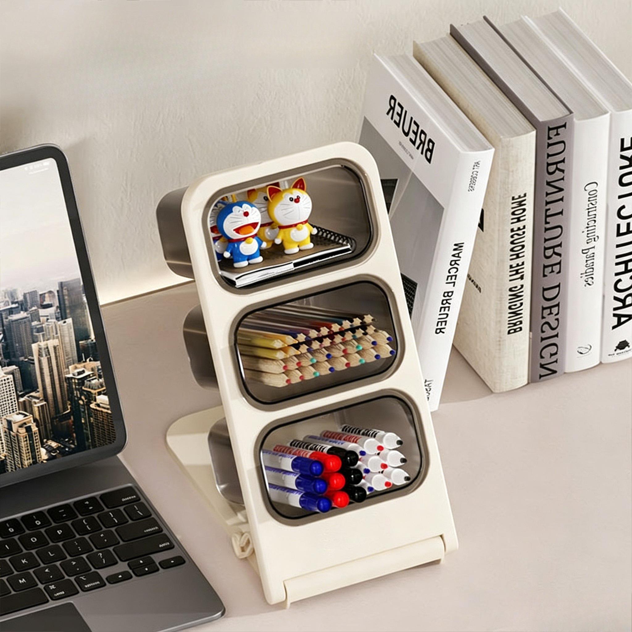 1pc Tilted Pen Holder - 3-Tier Desktop Storage Box with Easy Access Slots, Large Capacity Organizer for Markers, Pens & Supplies. Aesthetic Desk Accessory for Students, Home Office, Vanity & Study. Great Gift for Back to School, Birthdays & Holidays.