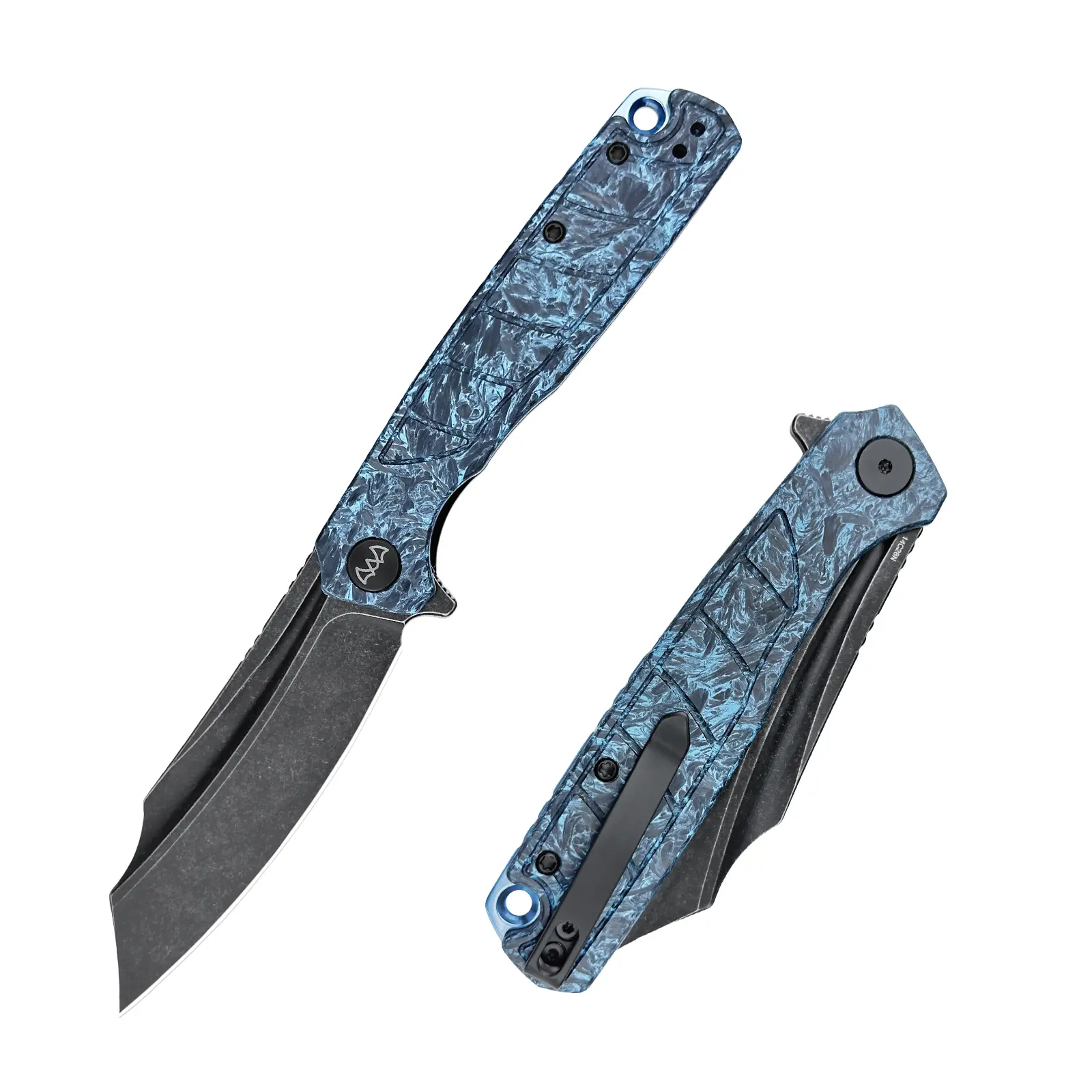 Wixco Lightweight Foldable Blade EDC Tool, 3.62-Inch 14C28N Black Stonewash Steel, Blue Shredded Carbon Fiber Handle, Liner Lock, Ball Bearing Pivot, Reversible Deep-Carry Clip, 3.58 oz for Camping & Outdoor Hiking
