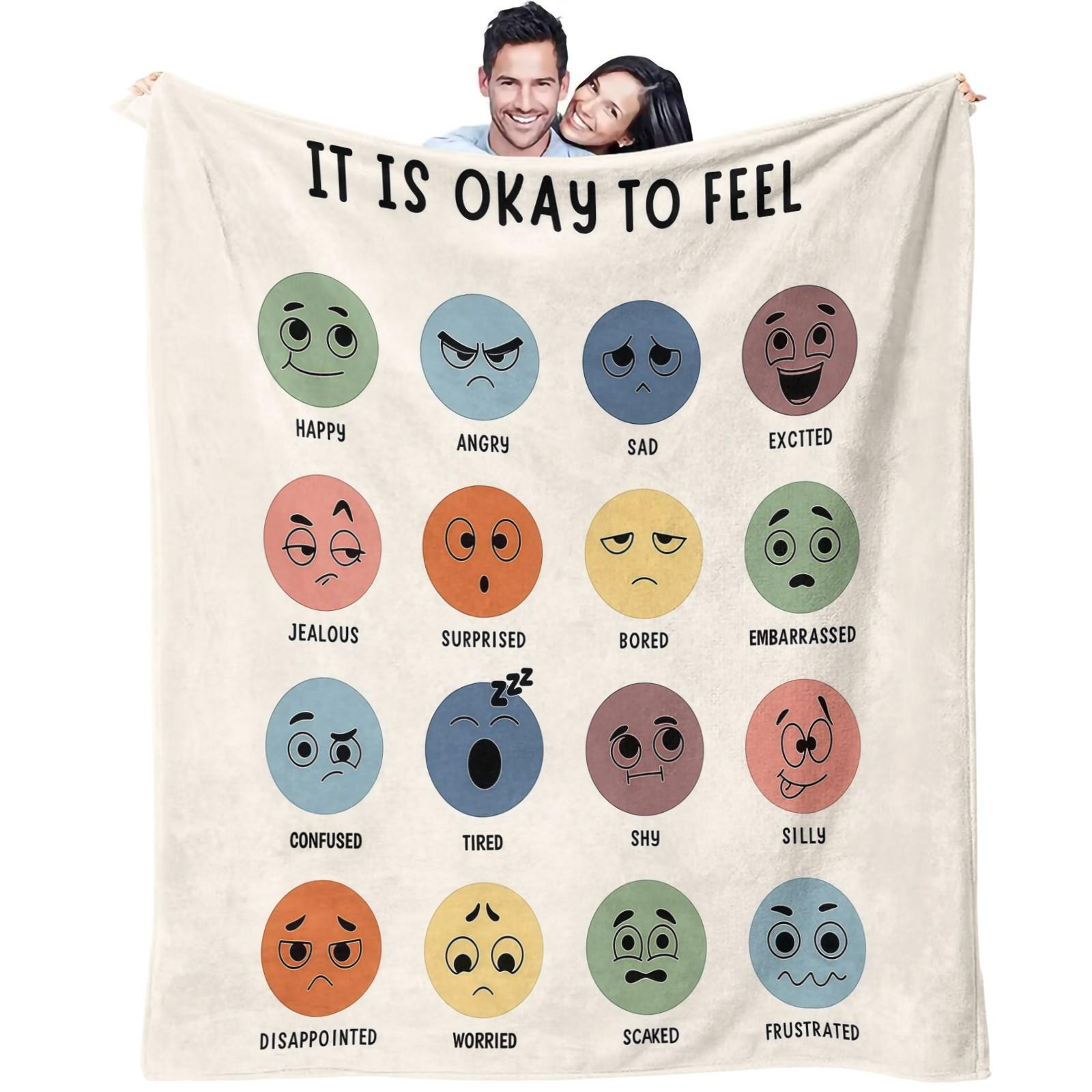 It Is Okay to Feel Emotion Chart Throw Blanket, Soft Fluffy Mental Health Awareness Blanket, Cozy Lightweight Fleece Blanket for Couch Bed Office, All Seasons, Ideal Gift for Teens Adults Anxiety Relief & Self Care