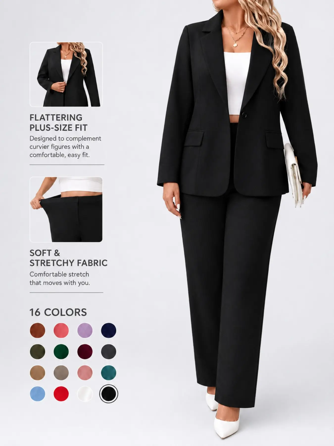 Plus Size Women’s 2 Piece Suit Set, Elegant Single Button Blazer and Straight Leg Pants, Soft Stretch Business Casual Outfit for Work, Office, Interviews and Special Events