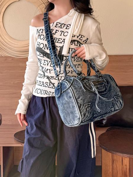 Vintage Denim Motorcycle Bag Large Capacity, Denim Shoulder Purse, Casual Crossbody Shoulder Bag for Women, Trendy Handbag for Work and Vacation