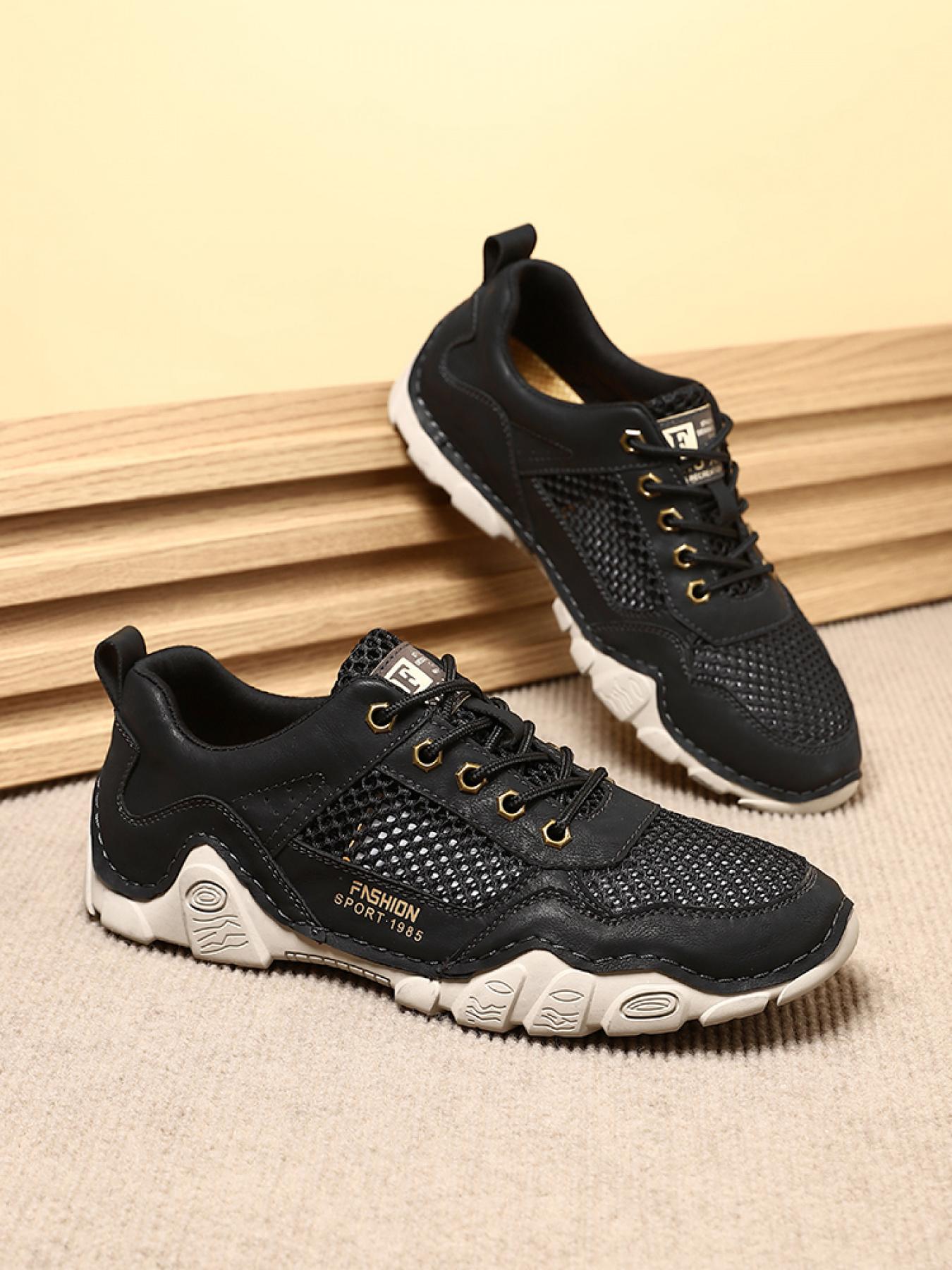 Men's Solid Color Mesh Patchwork Casual Sneakers, Hand-Stitched Thick-Soled Non-Slip Hiking Shoes, Trendy Versatile Breathable Dad Shoes