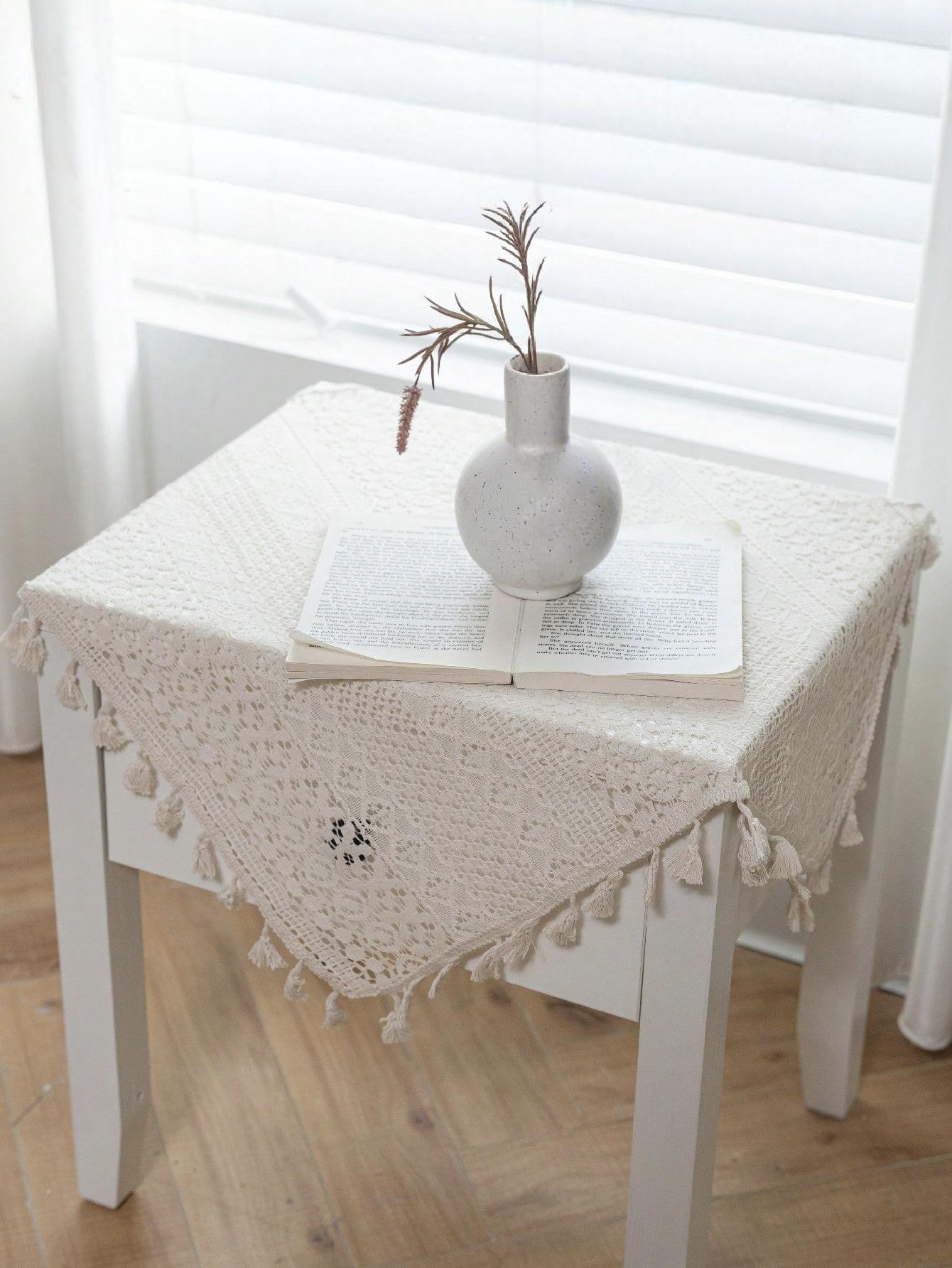 1pc Geometric Lace Tablecloth with Fringe, Square Cutout Design, Ideal for Cabinets, Dining Tables, and Tea Tables