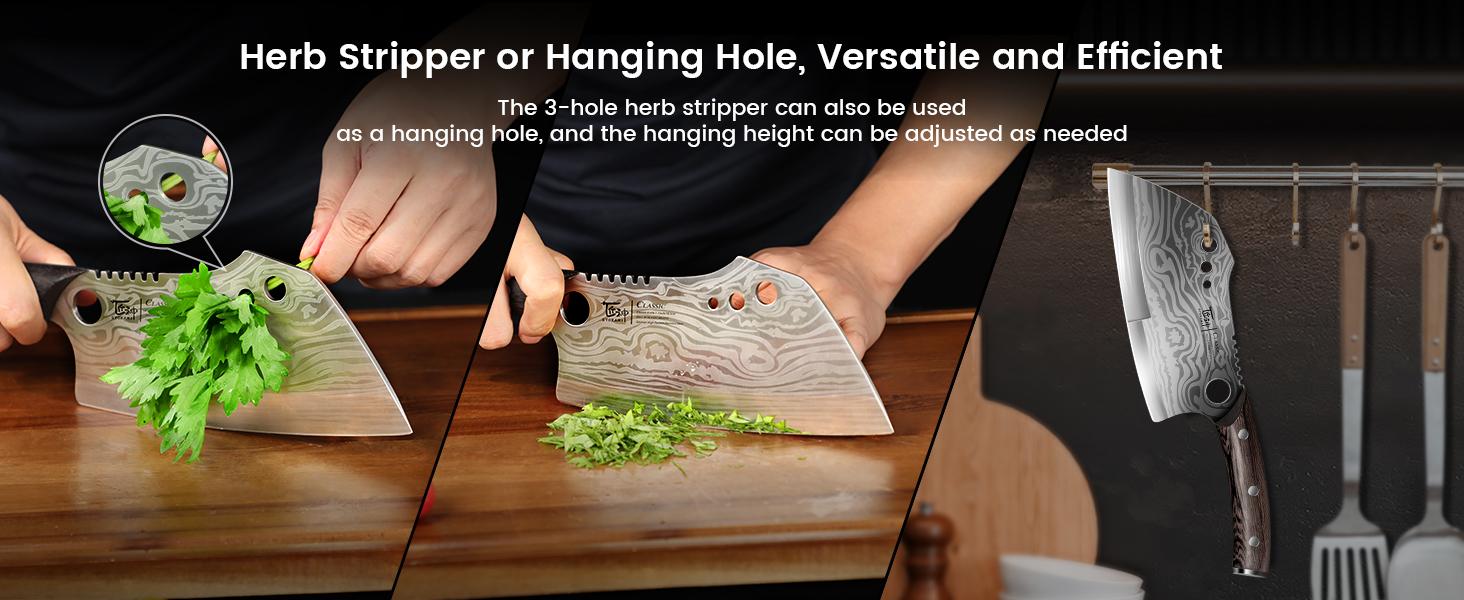 【TikTokShopSpringGlowUp】SYOKAMI Meat Cleaver Chef Knife with Sheath, 7.7 Inch Multifunction Butcher Knife with Herb Stripper, Chopping Knife Heavy Duty Bone Cutting, Damascus Pattern Full Tang Wood Handle, Christmas, Mother's Day Gifts