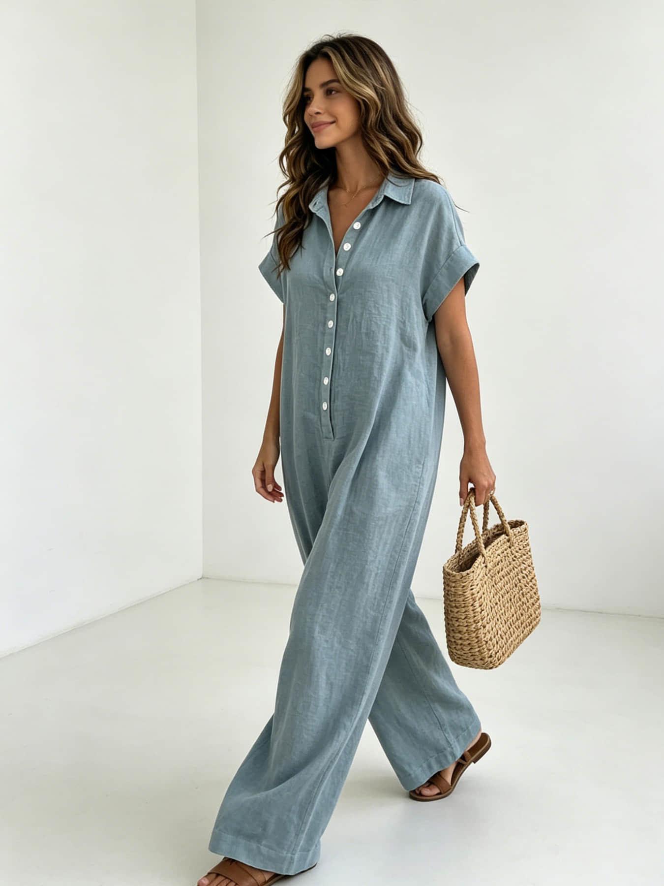 Women's Fashion French Style Chic Minimalist Loose-fit Oversized Jumpsuit with Button Design, Casual Wide-leg Jumpsuit for Summer, Womenswear, Suitable for Home, Outings, Vacation and Daily Commute, Holiday Jumpsuit