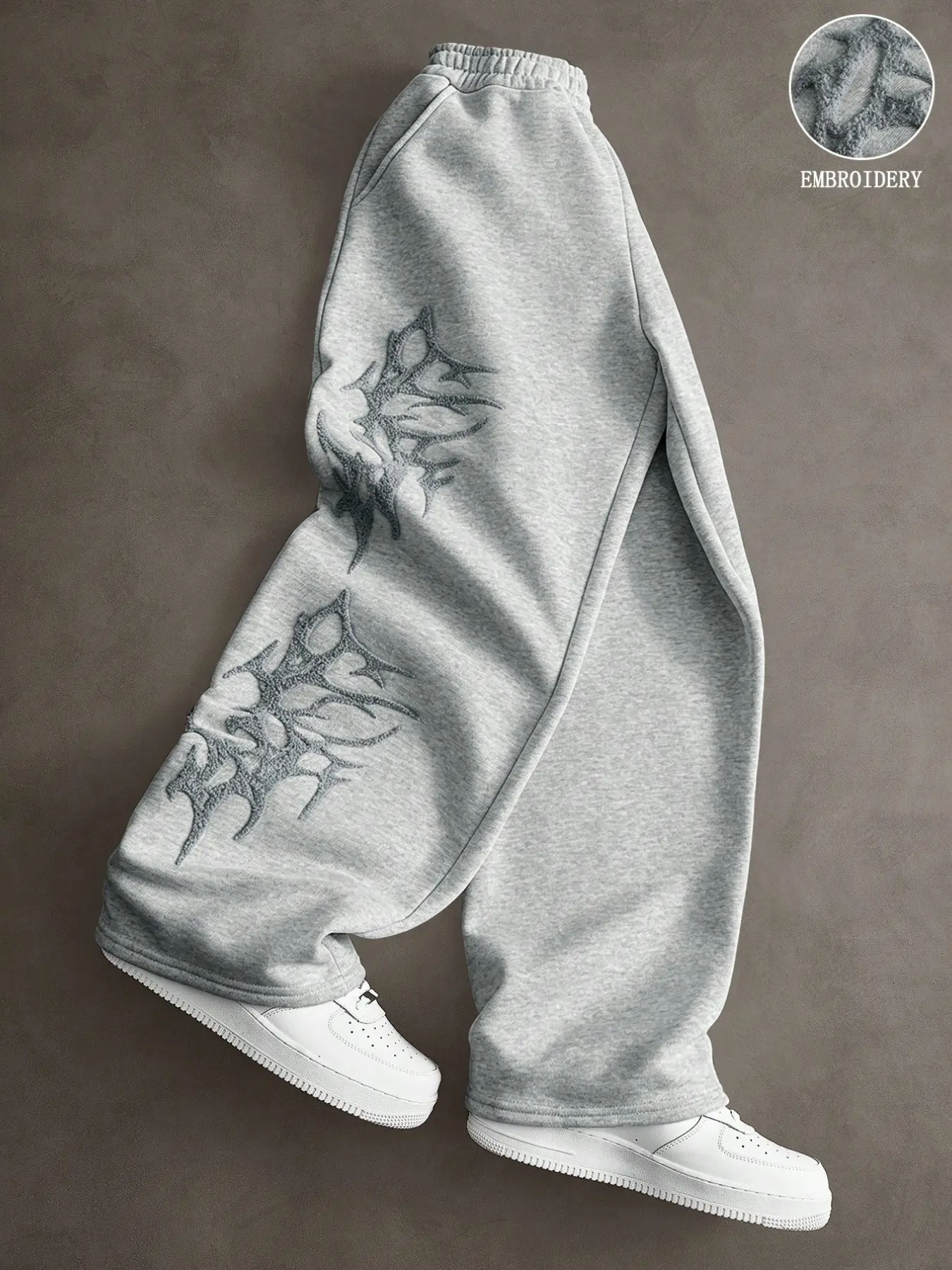 Men's Dark Thorn Embroidered Wide Leg Sweatpants, Elastic Waist Polar Fleece Heavyweight Pants, Gothic Punk Street Hip Hop Winter Casual, Casual Streetwear Clothes