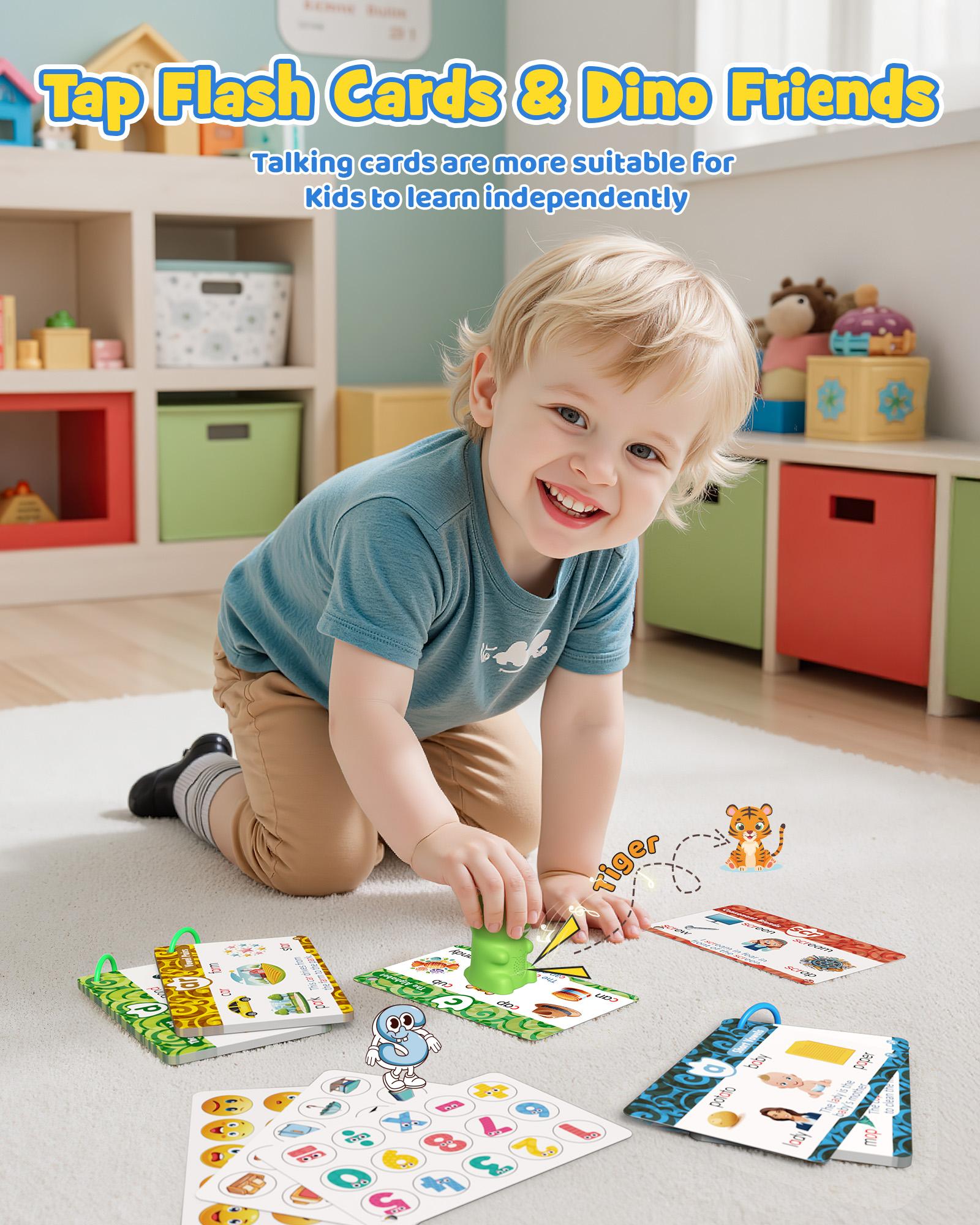 KOKODI Dinosaur Talking Flash Cards with Interactive Learning Stickers Montessori Phonics & Sight Words Set 148 Cards 592 Words 5 Categories 6 Stickers Educational Toy for Kids - Flashcards