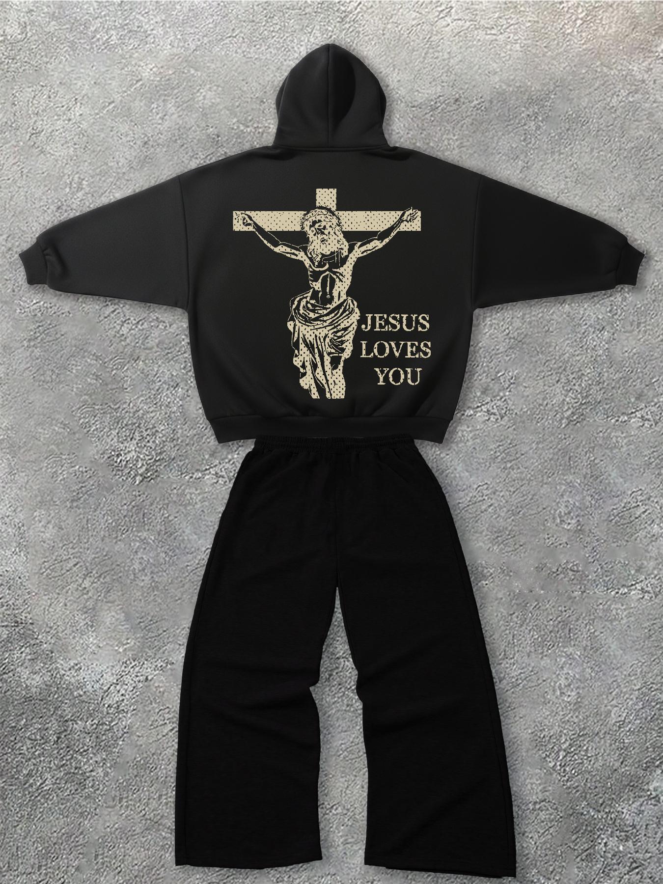 Men's Street Style Knit Hoodie & Pants Set, Letter Print Vintage Sports Slogan, Casual Fitted for Fall Winter, Matching Clothing Set