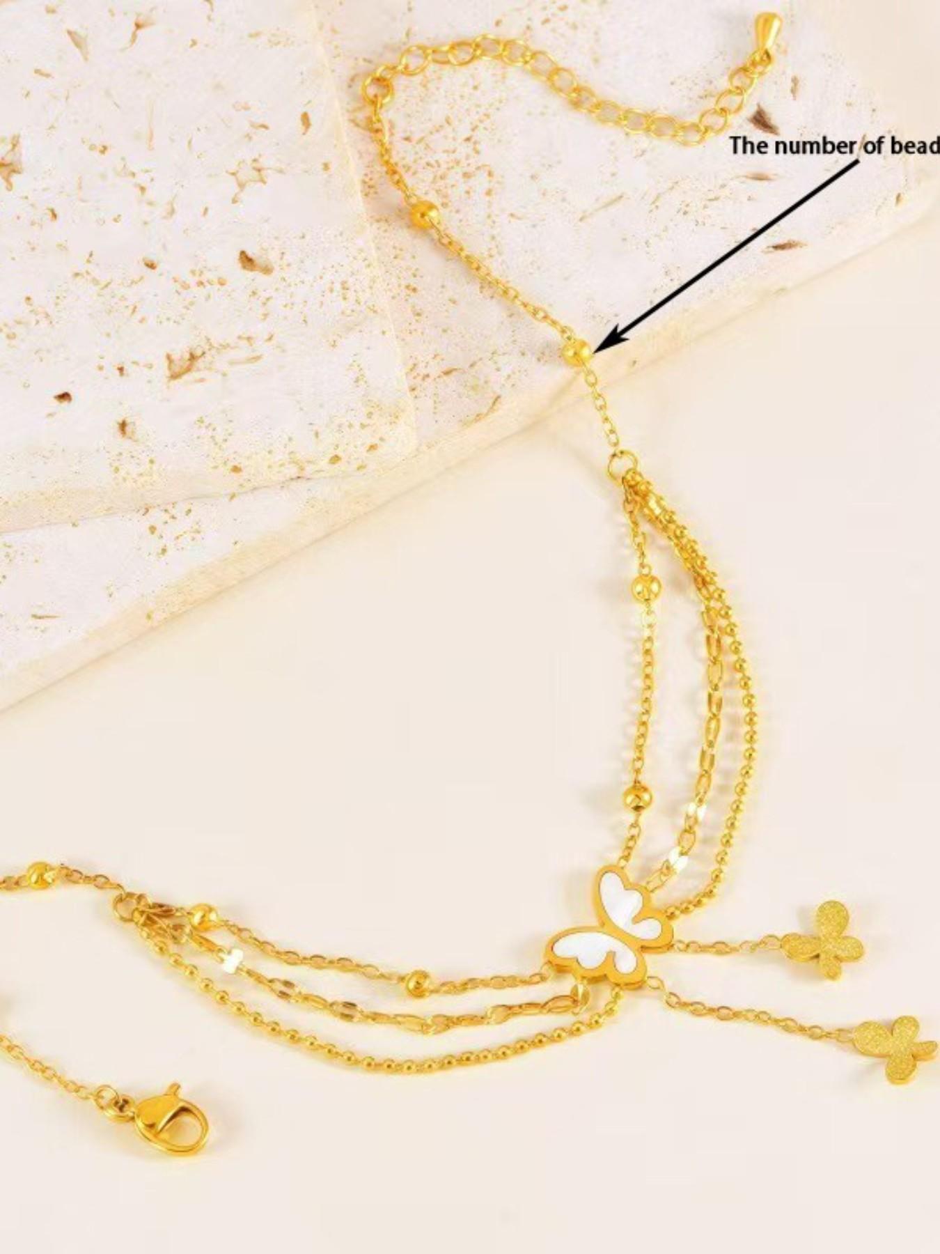 Women's Stainless Steel Beaded Three-Layer Butterfly Fringe Anklet, Fashion Jewelry Accessory, Elegant Footwear Decor