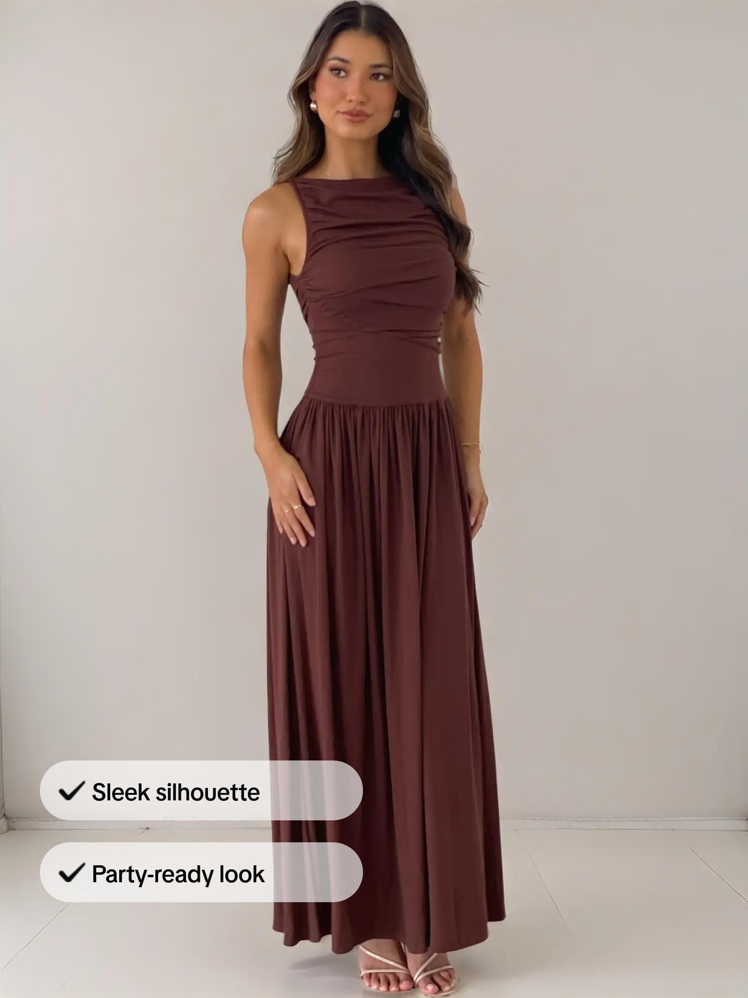 Women's Solid Color Slim Fit Ruched Woven Dress, Elegant Chic Sleeveless Long Dress for Party Holiday Wedding Guest, Ladies Clothes for Summer, Womenswear