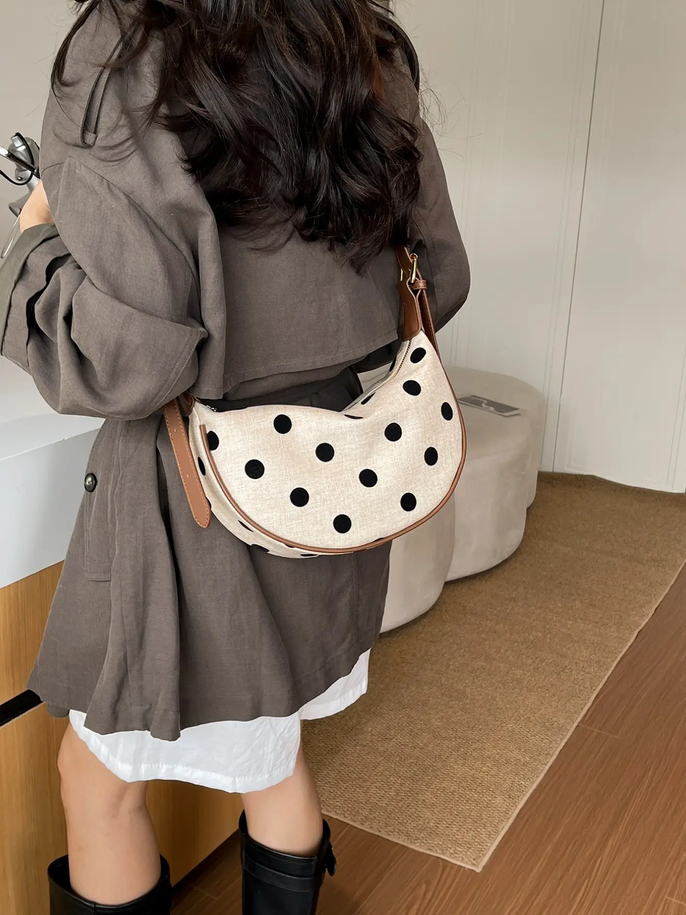 Korean Style Polka Dot Crescent Crossbody Bag, Patchwork Leather Shoulder Bag with Adjustable Strap, Vintage Casual Women's Backpack, Trendy Vintage Bag