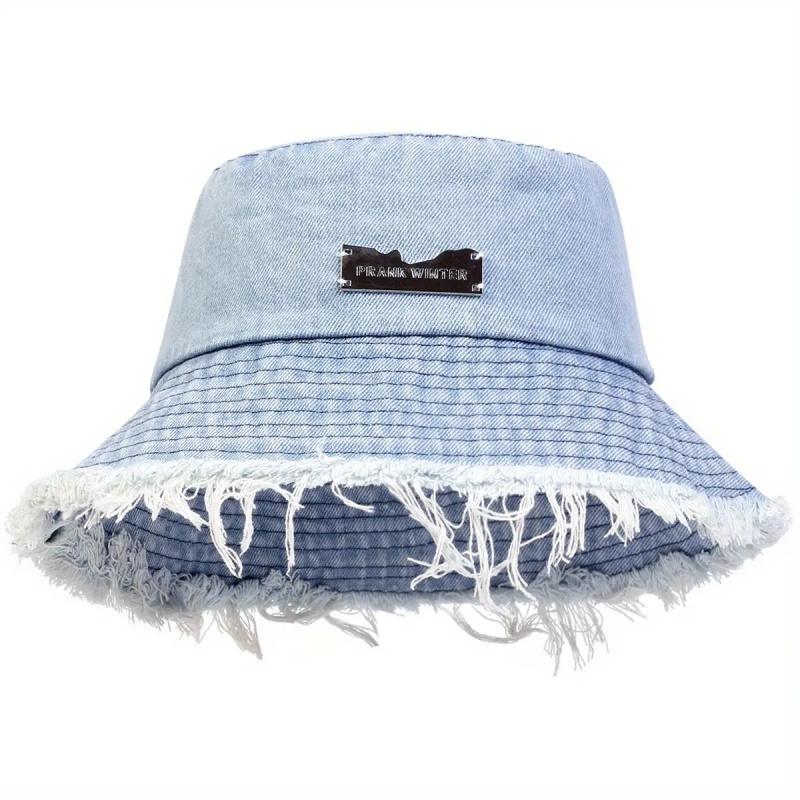 Unisex Letter Logo Vintage Edge Holes Denim Bucket Hat Outdoor Sunscreen Leisure Hat Spring Autumn Travel Tourism Beach Vacation