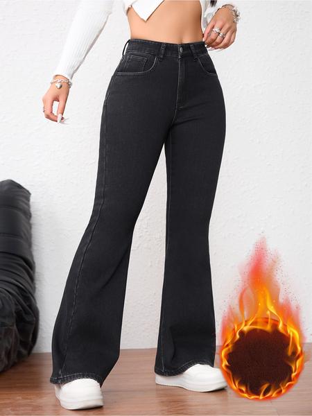 Women's Fleece Lined Thick Denim Flare Pants, Elegant Fall & Winter Fashion, Warm Woven Fabric, Plain Pattern, Versatile Style
