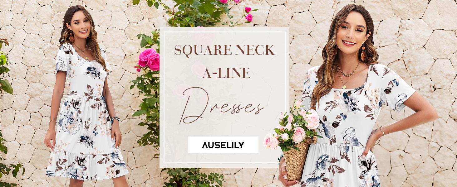 AUSELILY Womens Square Neck Dresses Casual Short Sleeve Dress A-Line Ruffle Sundress with Pockets SpringStatements