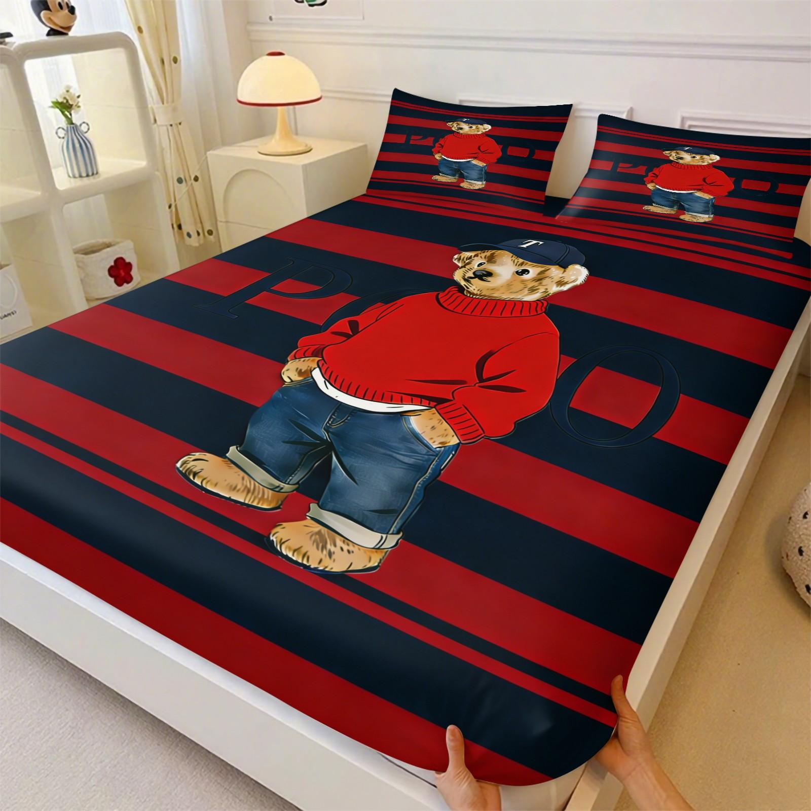 Teddy Bear Pattern Bed Sheet, Comfortable Printed Pattern, Includes 1 Bed Sheet and 2 Pillowcases, Comfortable Bedding, Non slip Dust Cover Suitable for Bedroom and Guest Room, Suitable as a Gift for Children or Adults