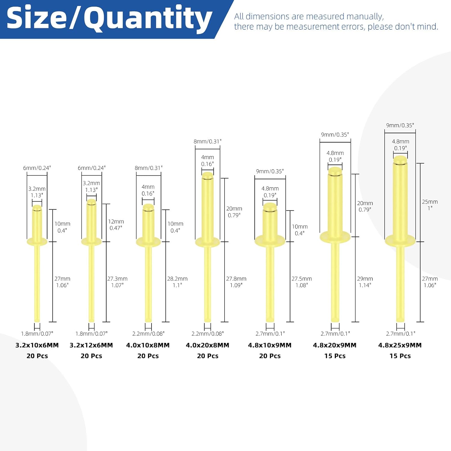130-Count 7-Size Yellow Alloy Blind Rivets with Steel Mandrel & Mandrel Handle, Large Flange Pop Rivet Kit for Metal, Furniture