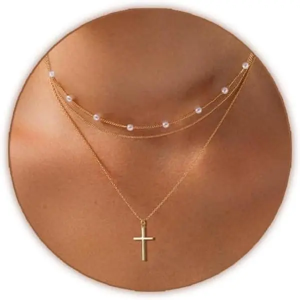 Cross Necklace for Women Gold/Silver Plated Layered Dainty Cross Chain Trendy Choker Satellite Charm Small Crucifix Pendant Gold/Silver Necklace Stackable Hypoallergenic Delicate Gift for Women