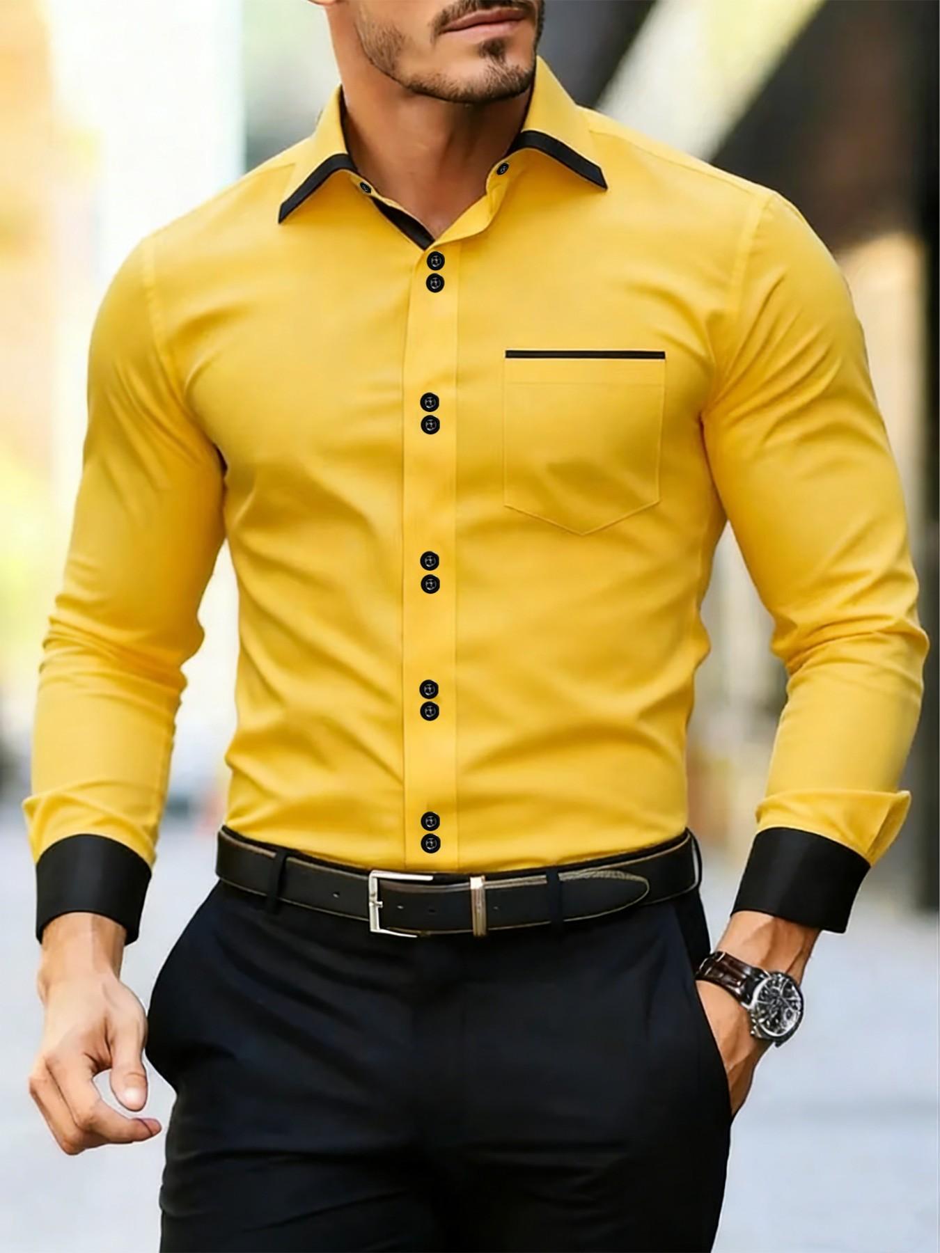 BROADTOUR Men's Slim Fit Solid Bright Yellow Black Trim Collar & Cuffs  Button-Down Shirt, Chest