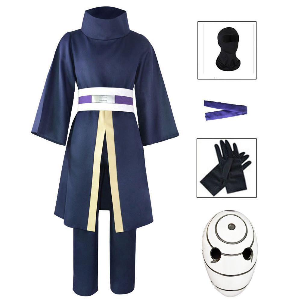 Uchiha Obito Cosplay Costume with Mask Uchiha Clan Battle Outfit Halloween Anime Expo Attire Men's High-Collar Ninja Robe Set