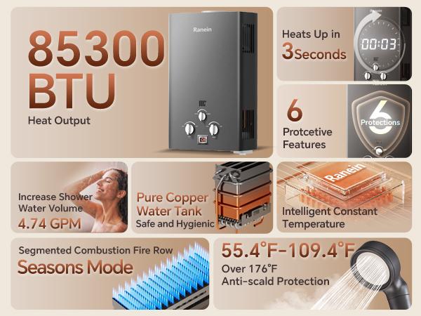 Ranein 8L Tankless Water Heater, Propane Gas, Outdoor Up to 2.11 GPM, 48,000 BTU On-Demand Instant Hot Water Heater Heating