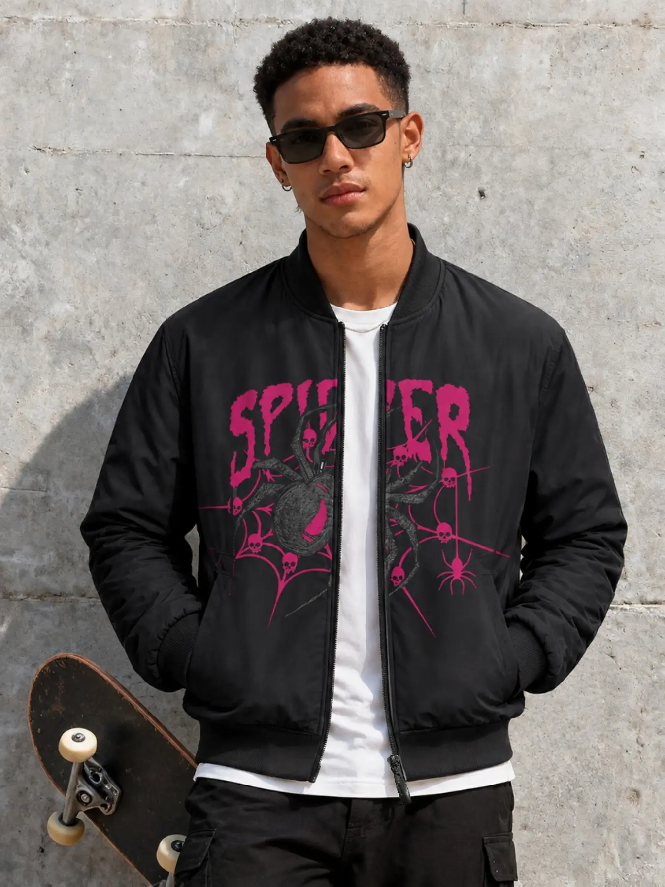 Men's American Dark Spider Skull Print Bomber Jacket, Street Fashion Long Sleeve Casual Outerwear, Slim-Fitting Unlined Jacket