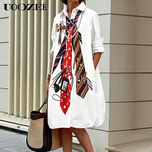 UOOZEE Women's New 2026 Oversized Graphic Tie Print Shirt Dress, White Button-Down Midi Dress with Elastic Hem, Casual Streetwear Office & Everyday Wear, Roll-Up Sleeve, Size Down for Slim Fit