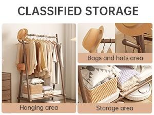 Solid Wood Clothes Rack, Clothing Rack with Shelf and Hook, Sturdy and Portable, Garment Rack for Hanging Clothes,Coats,Skirts,Shoes,Bags,Easy to Assemble (Walnut)