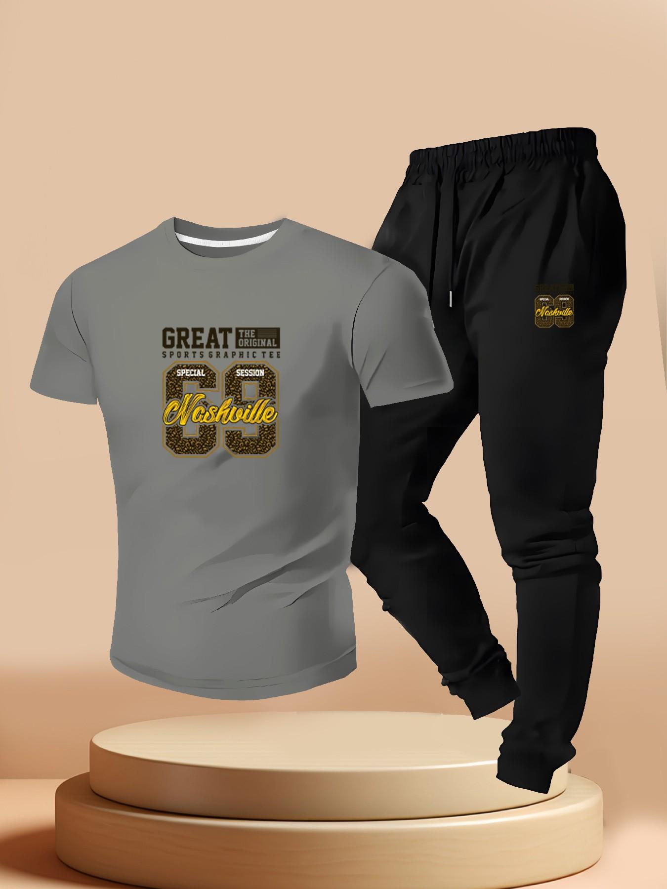 Men's Nashville 69 Print Tee + Sport Pants Set, Casual Short Sleeve T-Shirt, Summer Street Style, Slim Fit, Long Pants