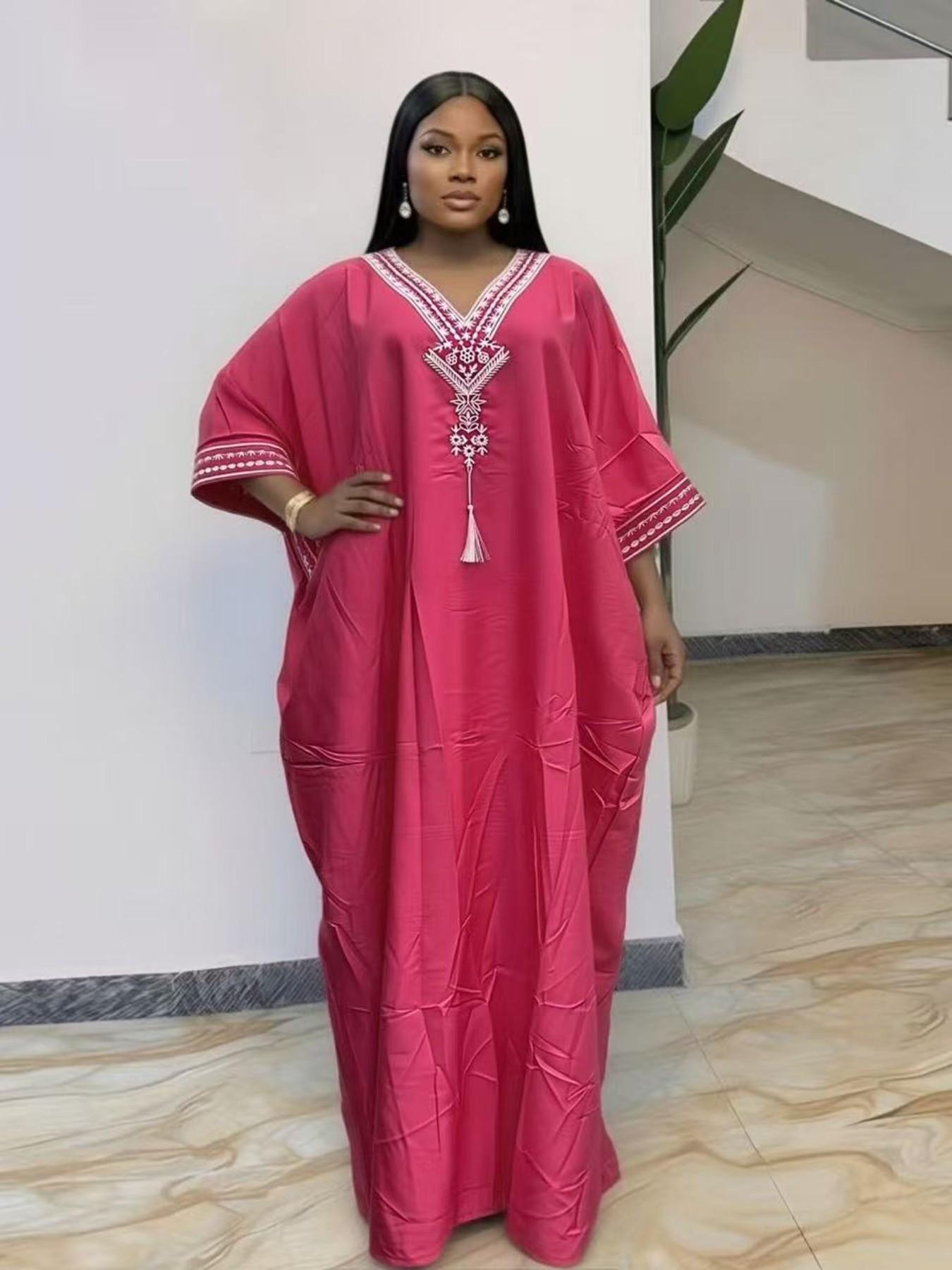 Women's Summer Solid Color Embroidered Fringe Caftan Casual Wear Dress with Pockets and Side Slit