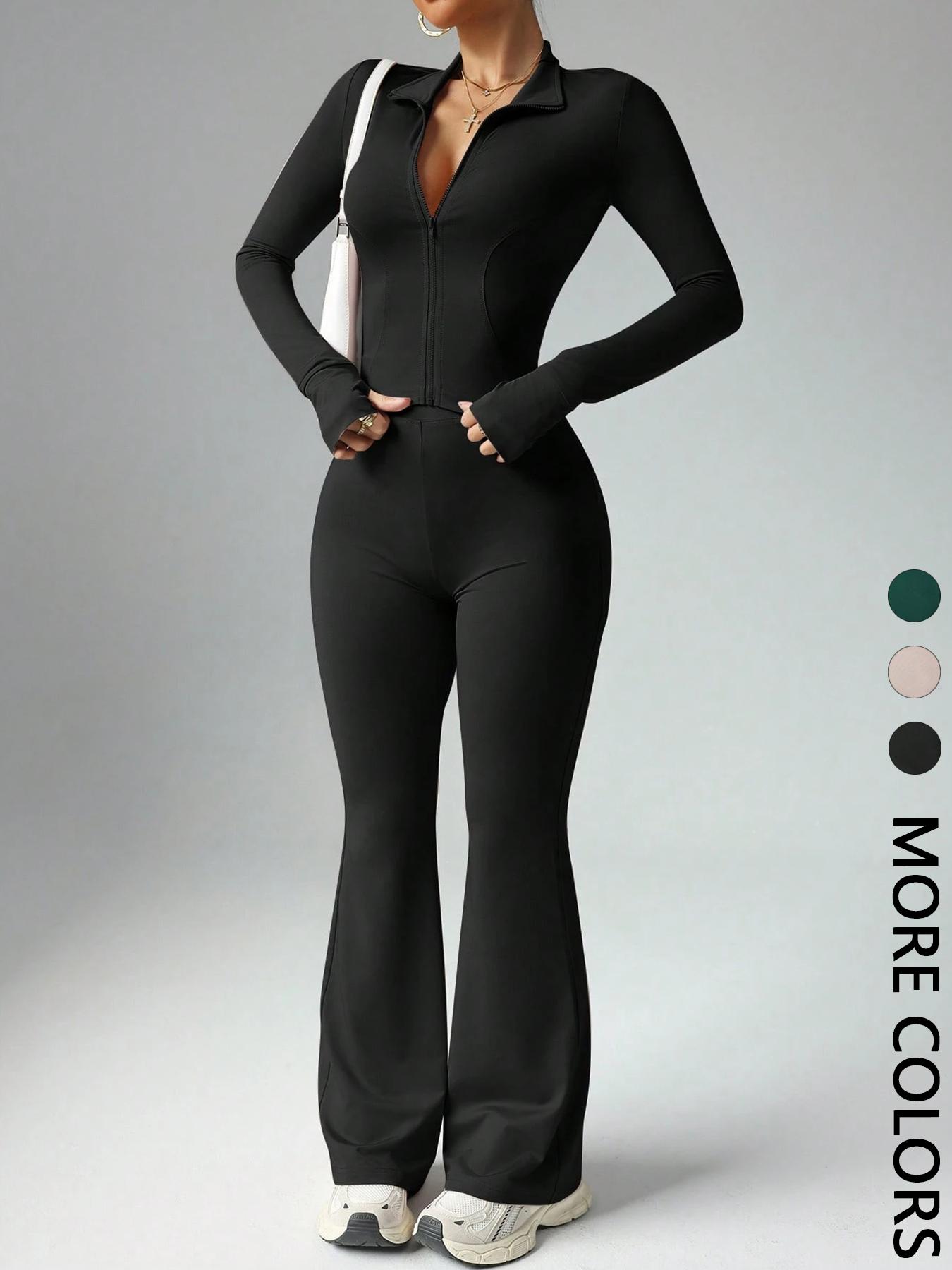 Women's Solid Color Long Sleeve Zipper Jacket & Flare Pants Set, Casual for Daily Wear, Ladies Fashion Clothing Combo