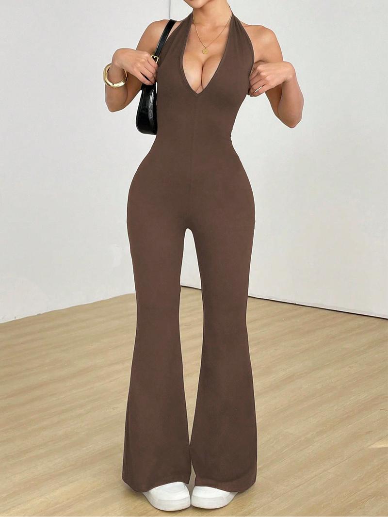 2026 Women's Bodycon Halter Jumpsuit Plunging V Neck Backless Flared Leg Pants Romper for Club Party Sleeveless Casual Jumpsuit