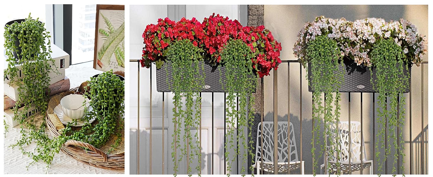 Jahe String of Pearls Artificial Plants Indoor, Beaded Plant Fake Vines, Succulents Plants Artificial in Black Pots , Trailing Faux Plant for Living Room Bathroom Accessories Farmhouse Wall Decor