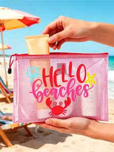 Colorful transparent mesh beach bag with crab and shell seaside prints. Large capacity stylish cosmetic pouch for beach essentials storage.