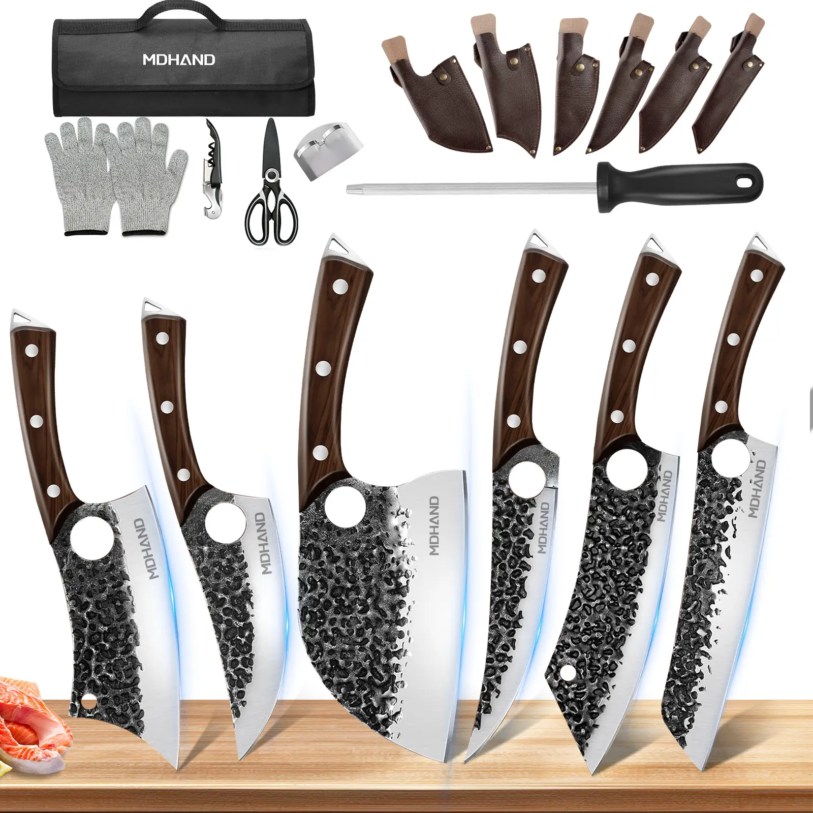MDHAND Kitchen Knife Set, Professional Chef Knife, Butcher Knife,  Hand Forged Serbian Chef Knife Set with Bag, High Carbon Steel Full Tang Kitchen Knives Set, Meat Cleaver & Boning Knife for Brisket Trimming BBQ Camping, Best Gift