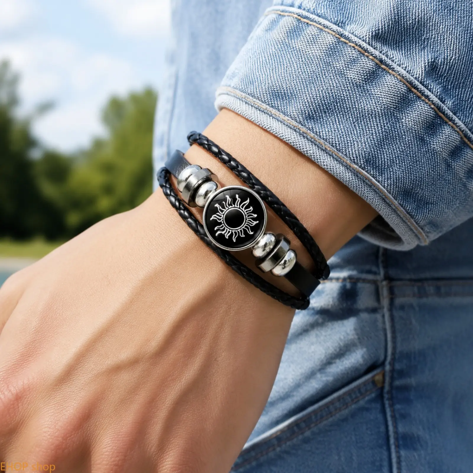 Unisex Vintage Sun-Moon Motif Multi-Layer Beaded Woven Cuff Bracelet with Glass Accents - Punk Boho Fashion Jewelry Set, 1-Set Including Hip-Hop Choker, Cross Necklace Chain, Twist Round Hoop Earrings, Ideal Gift for Daily Wear, Parties