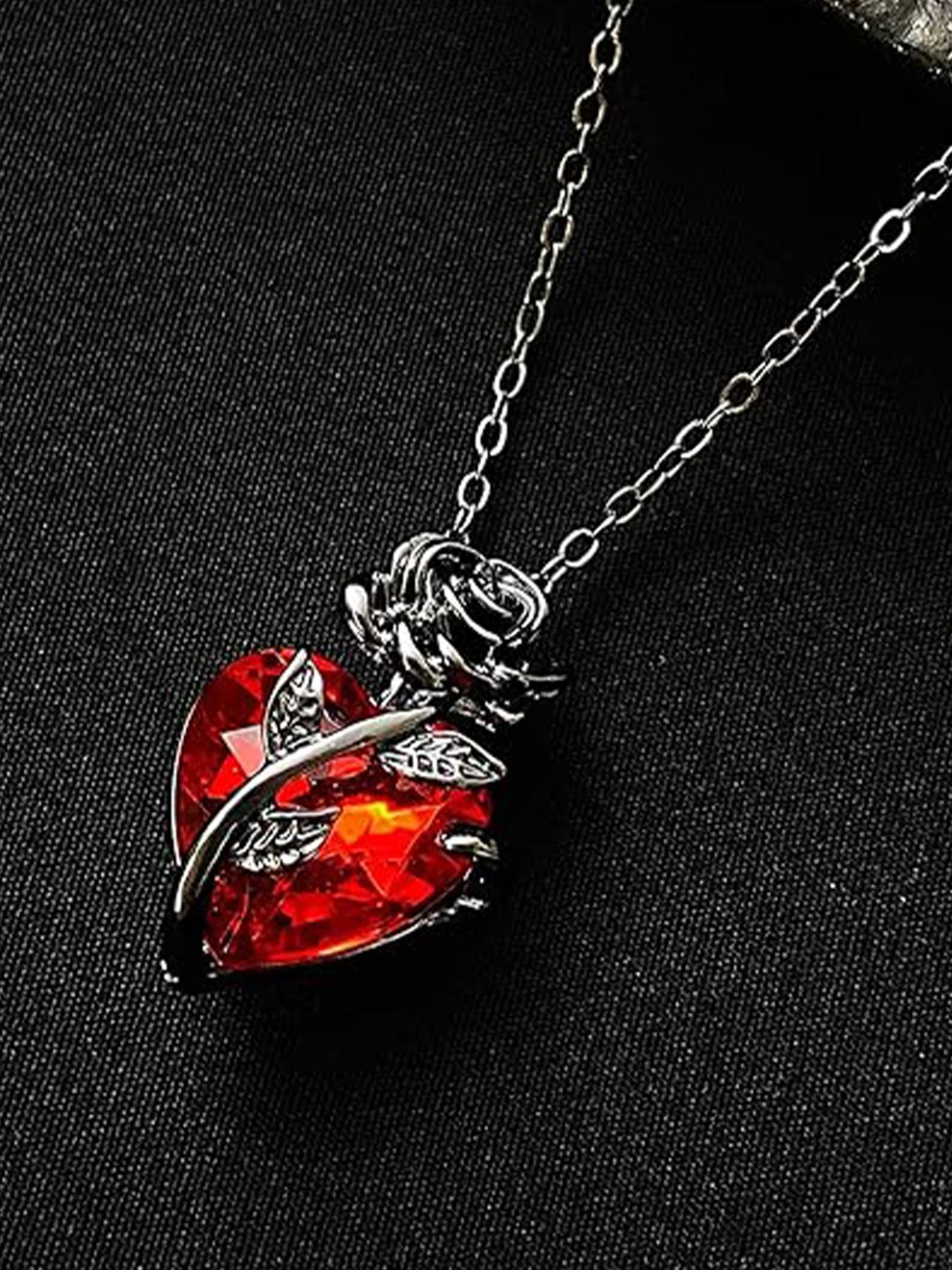 Gothic Necklace for Women, Vintage Goth Rose Crystal Necklace, Heart Pendant Necklace, Halloween Jewelry Gifts