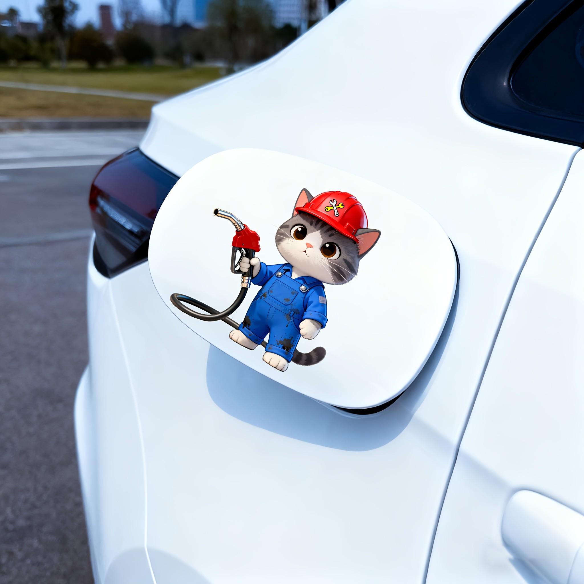 Car Sticker, Cat Design Fuel Tank Decal, PVC Self-Adhesive Removable Waterproof, Car Decoration, Blue Hat Cap Cat, Auto Accessories