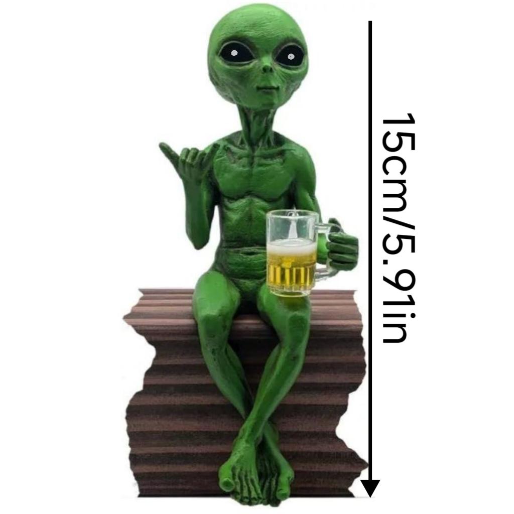Alien Figurine Holding Beer Mug, Desktop Shelf Display Decor, Perfect for Halloween Decoration, Fun Humorous Home Office Accessory