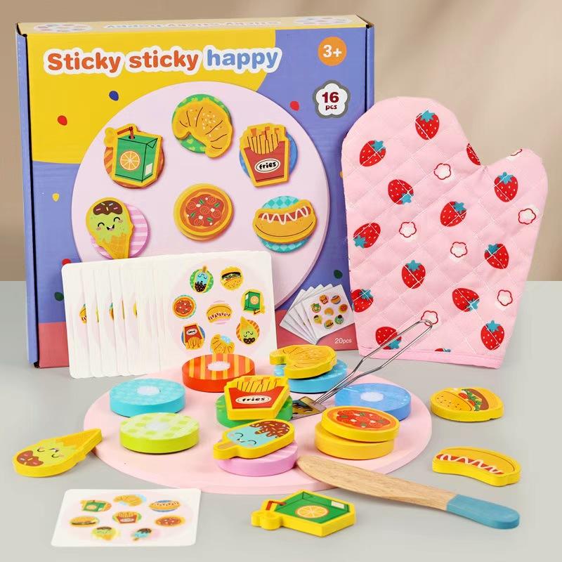 Cute Wooden Kitchen Baking Toy for Kids, Hamburgers, Fries, Pizza, Detachable Playset, Educational Role Play Gift, Ages 3+