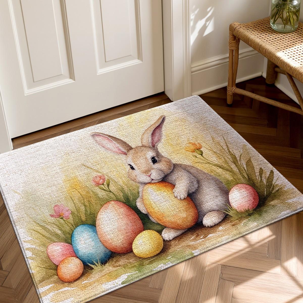Easter Bunny Easter Egg Welcome Rug, Non-Slip Backing, Suitable for Bathroom Kitchen Indoor Outdoor Use