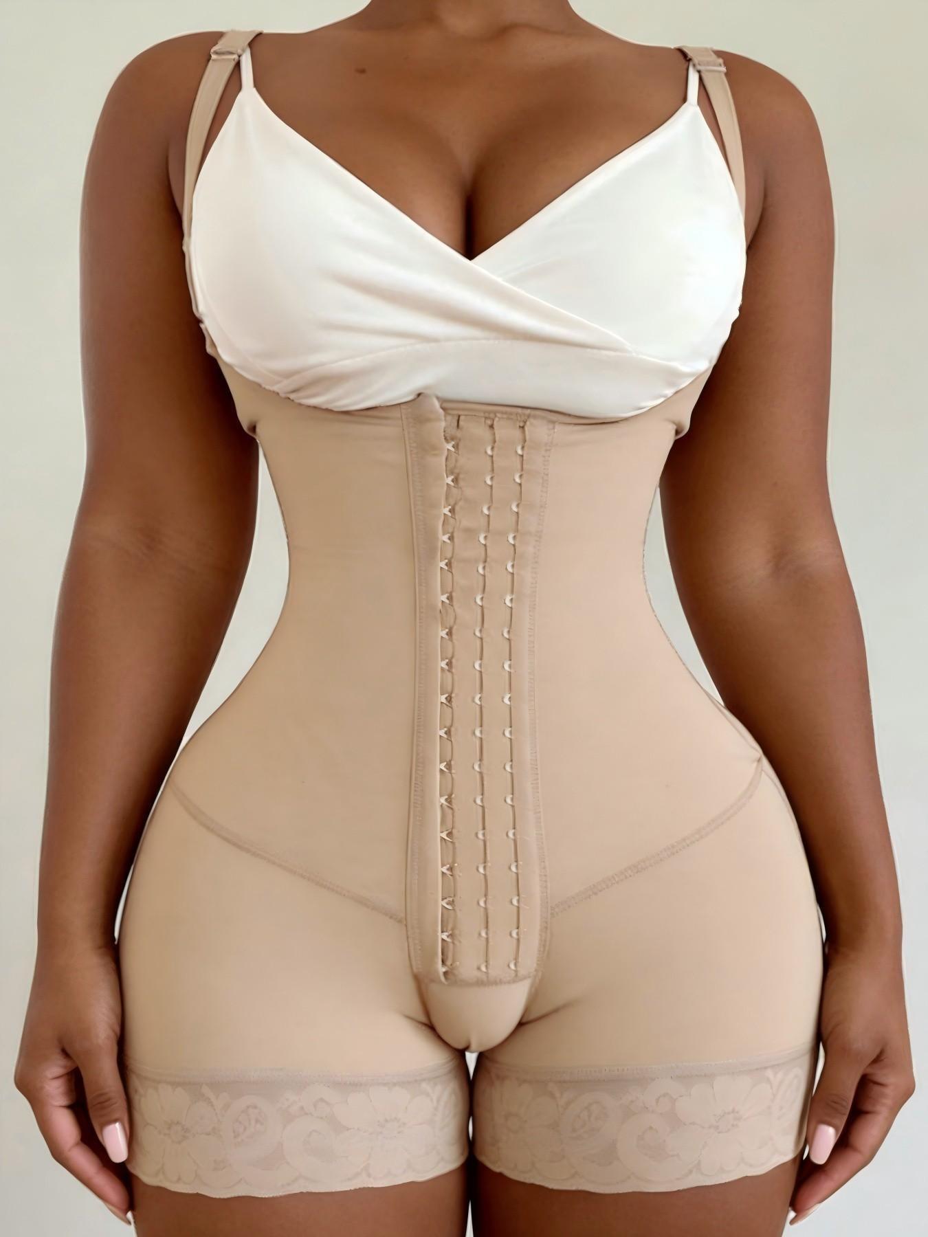 1 Count Women's Adjustable Strap Body Shaper, Fajas, Tummy Control Butt Lifting Shapewear, Open Bust Lace Trimmed Bodysuit, 4-Row Hooks Closure Jumpsuit, Suitable For Daily Wear Gym And All Occasions