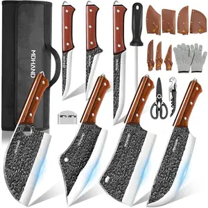 14Pcs Kitchen Knife Set, MDHAND Professional Chef Knife Set, Hand Forged High Carbon Steel, Butcher, Meat Cleaver, Boning, and Viking Knives, with Knife Roll Bag, mothersdaygift#fathersdaygift