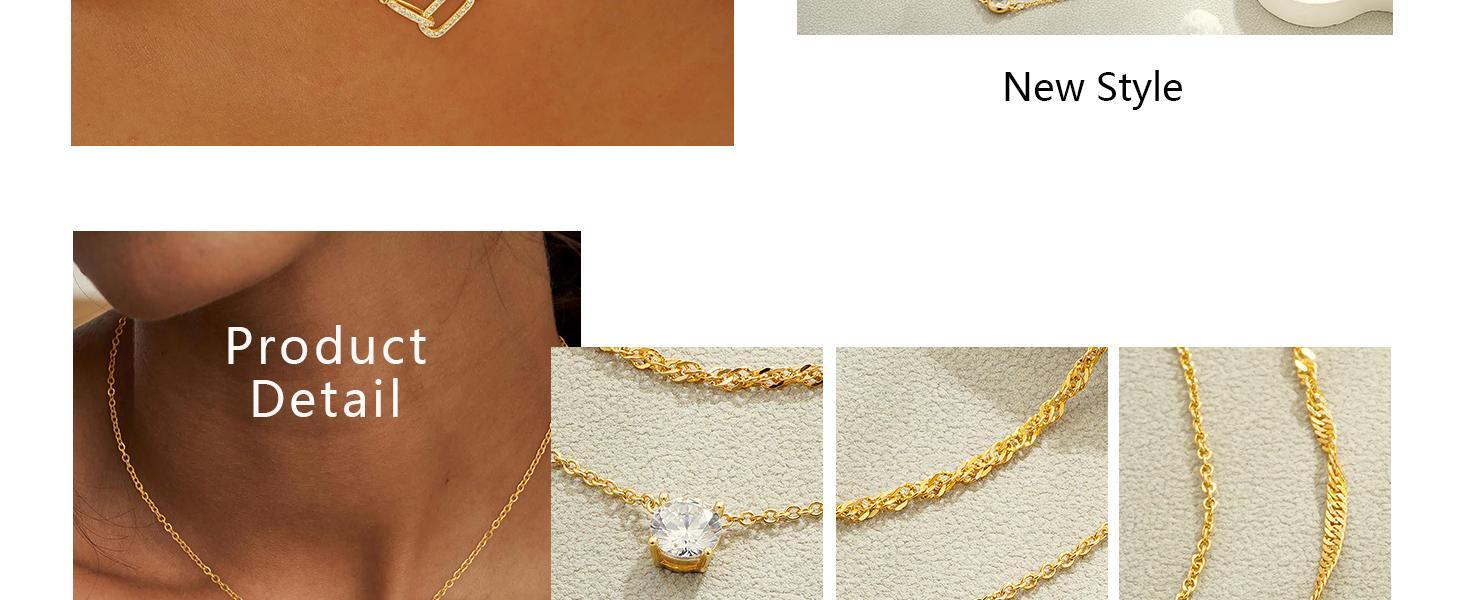 Dainty Gold Necklace for Women Non Tarnish Layered 14k Diamond Pendant Charm Gold Plated Necklaces CZ Trendy Zirconia Chain Choker Necklace Stack Gold Jewelry for Women Birthday Gift