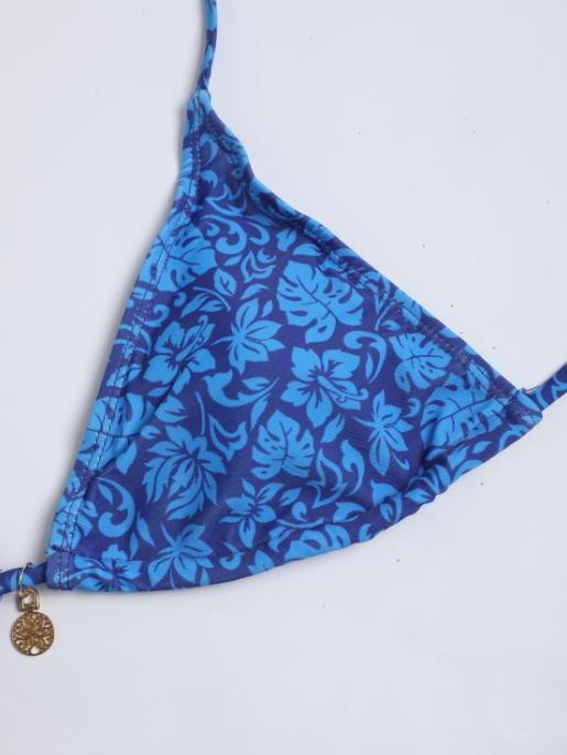 Women's Blue Textured Triangle Bikini Set, Halter Neck Tie Design, Sleeveless Thong Bottoms, Perfect for Beach Vacation & Pool, Floral Bikini Bottom